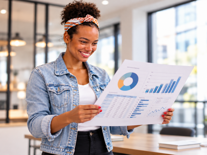 Femme analysant des statistiques et des graphiques pour mesurer les performances sur LinkedIn